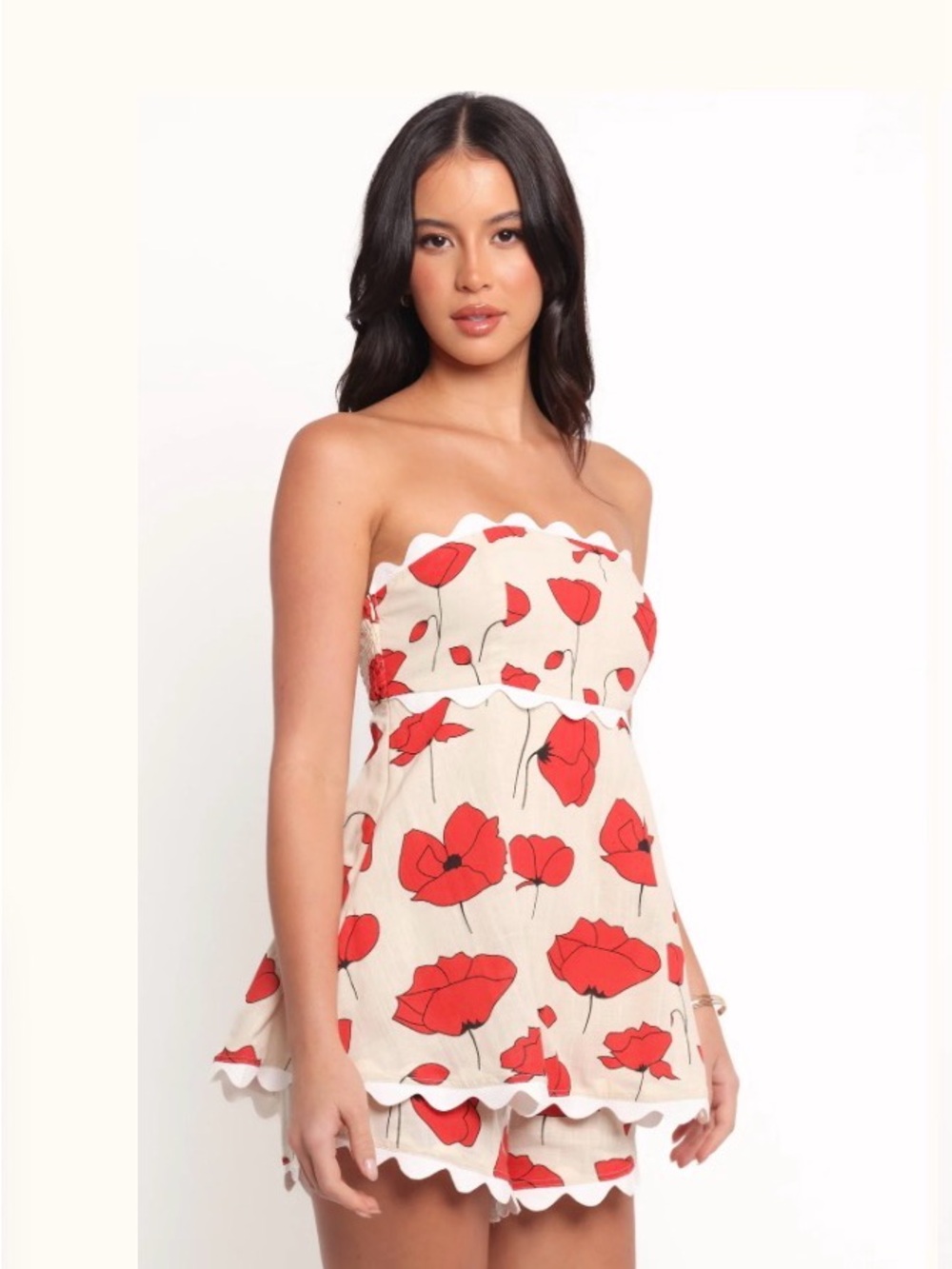 Petal & Pup Strapless Cream Mini Dress with Red Poppy Print